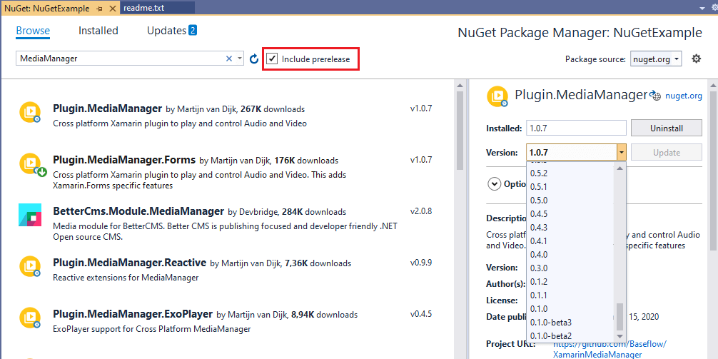 NuGet paketlerine Beta Sürümü Dahil Edin