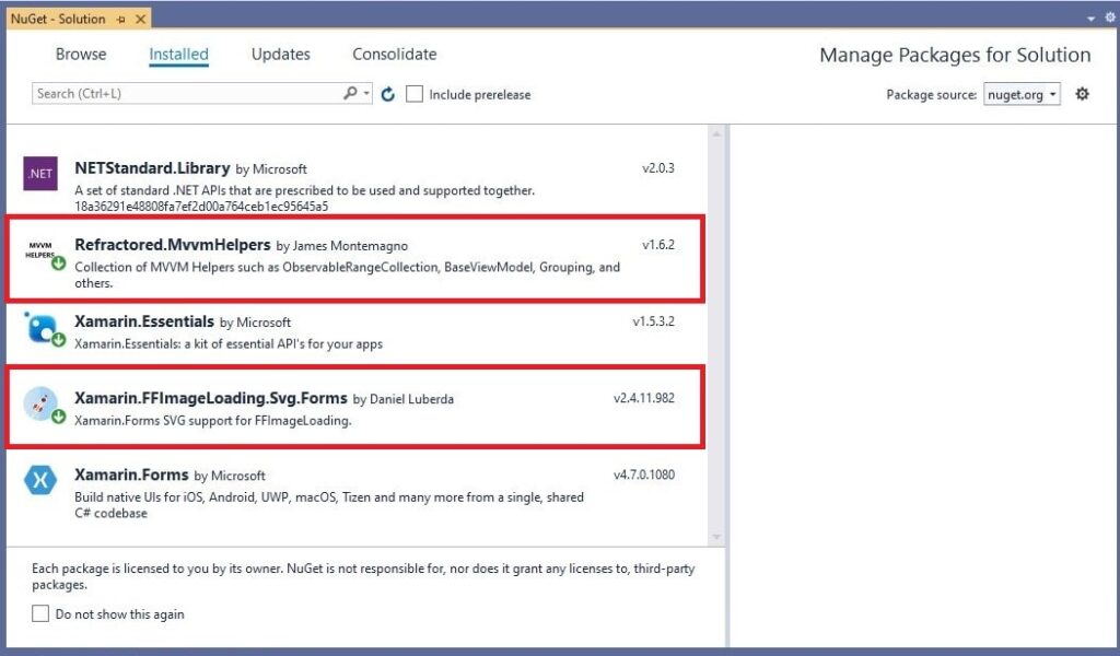 Refractored.MvvmHelpers ve Xamarin.FFImageLoading.Svg.Forms NuGet paketlerini projeye yükleyin