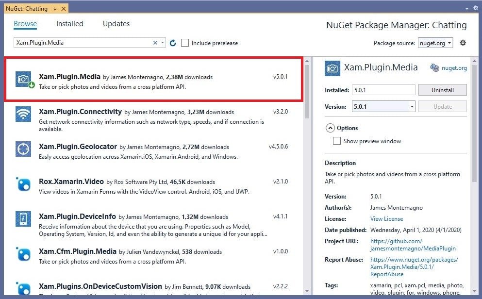Xamarin.Android Xam.Plugin.Media NuGet Paketi