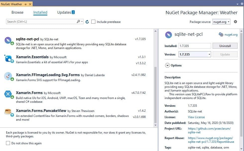 Xamarin Forms SQLite NuGet Paketi