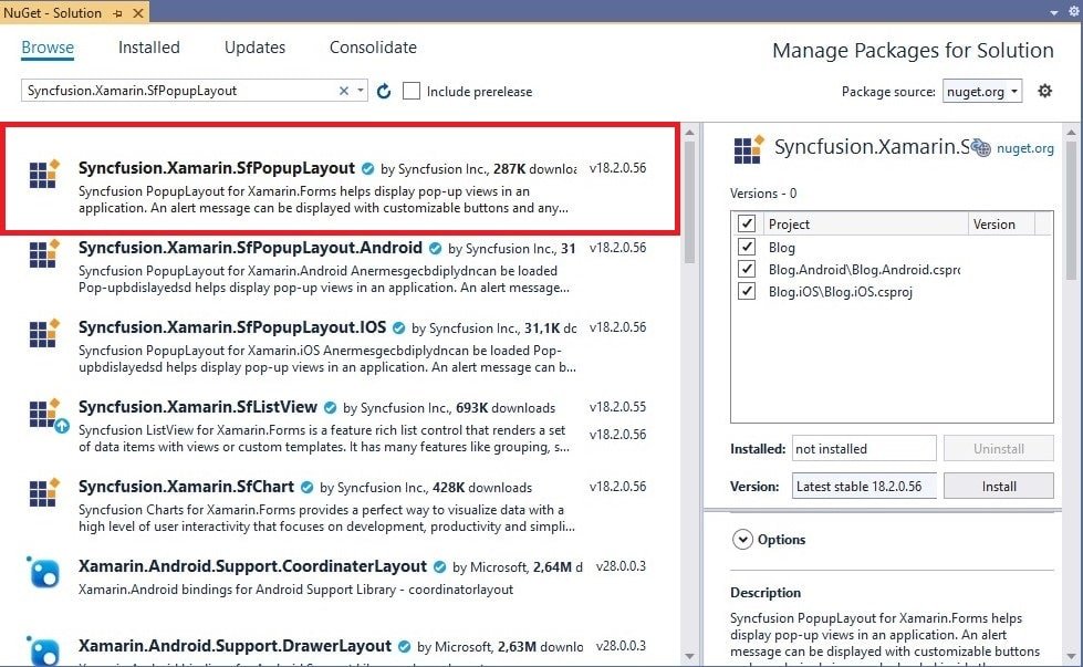 Xamarin.Forms Syncfusion SfPopupLayout NuGet Package