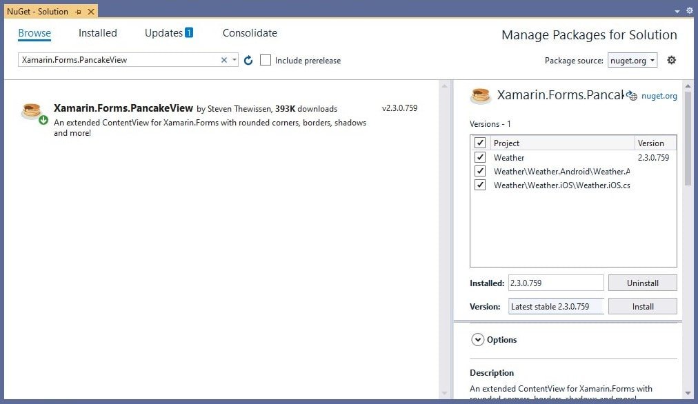 PancakeView plugin NuGet Package Manager