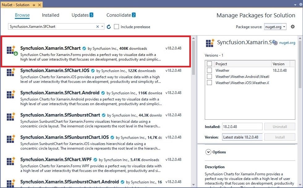 Install Syncfusion.Xamarin.SfChart Plugin