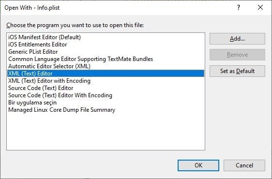 Xamarin.iOS info plist Open With XML Text Editor